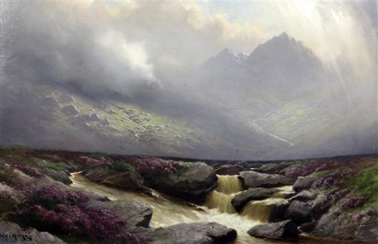 James H C Millar (exh.1884-1903) In the Highlands - clearing after the rain and A Perilous Calling - getting seabirds eggs on the Cor